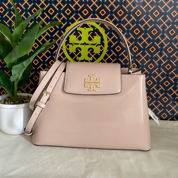 New, tory burch Britten patent small satchel crossbody handbag , devon sand - Picture 1 of 16